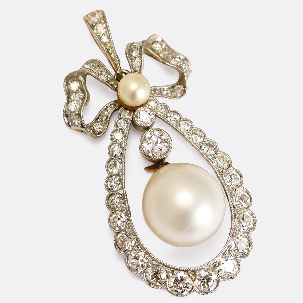 Antique Edwardian Diamond and Natural Pearl Bow Broo #505208 – Beladora