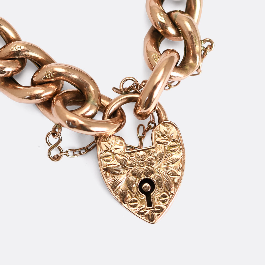 Edwardian Link Charm Bracelet with Heart Lock Charm in 9K Rose Gold - The  Verma Group