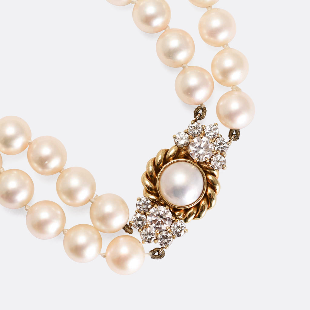 Double Strand Vintage Pearl and Diamond Necklace, NK-844