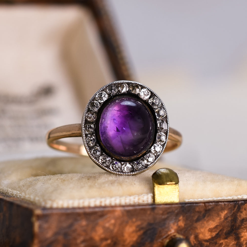 Georgian Cabochon Amethyst & Diamond Memorial Cluster Ring