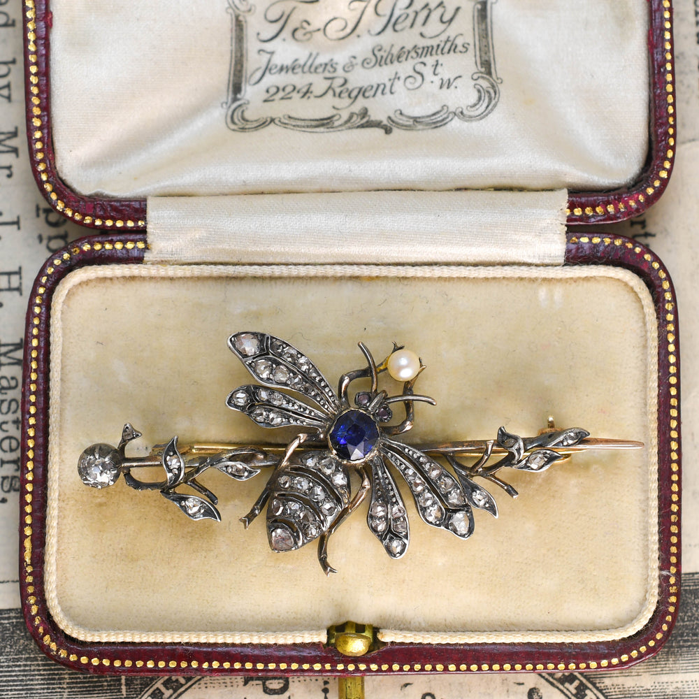 Victorian Diamond, Sapphire & Pearl Insect Brooch