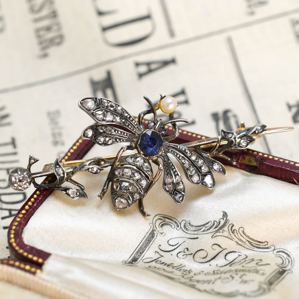 Victorian Diamond, Sapphire & Pearl Insect Brooch