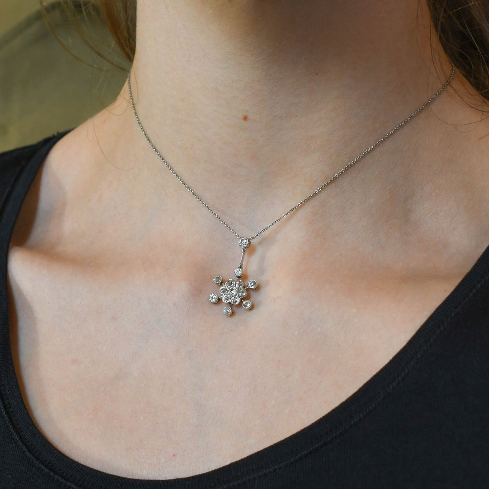 Edwardian Diamond Flower Cluster Drop Necklace