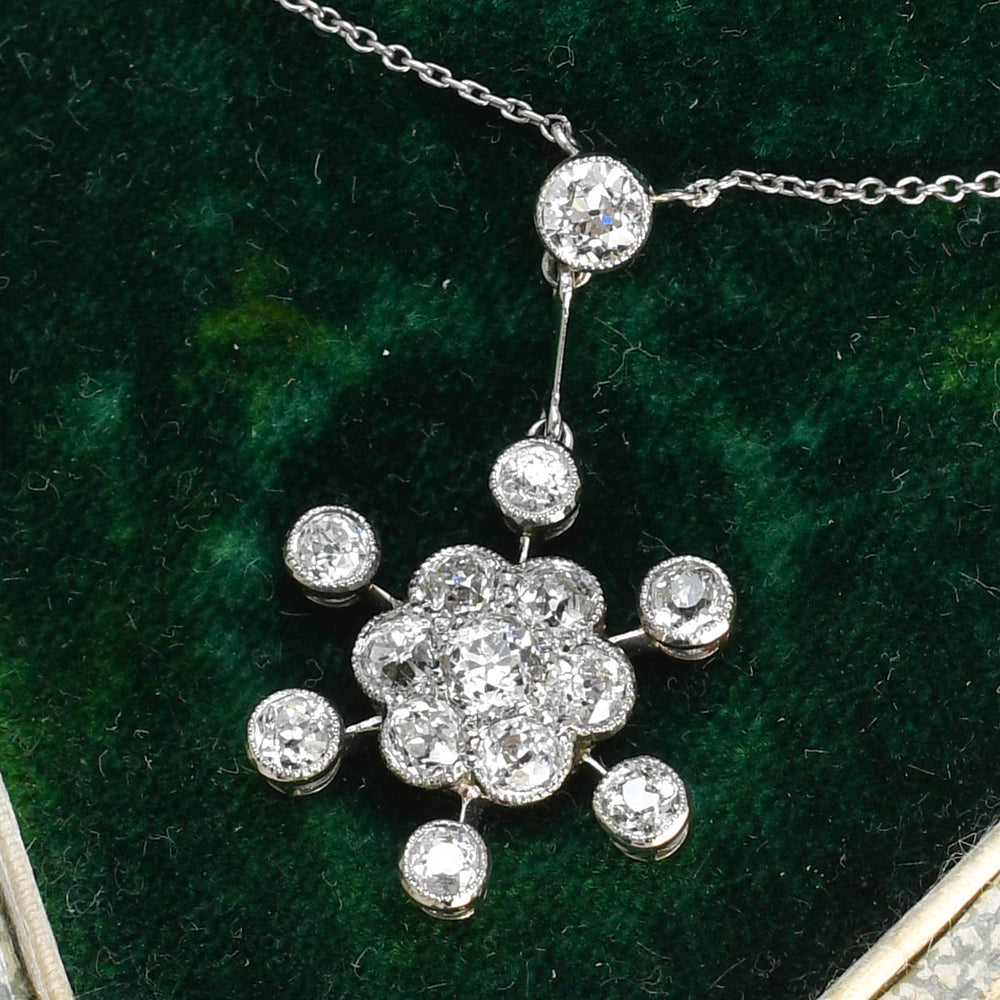 Edwardian Diamond Flower Cluster Drop Necklace