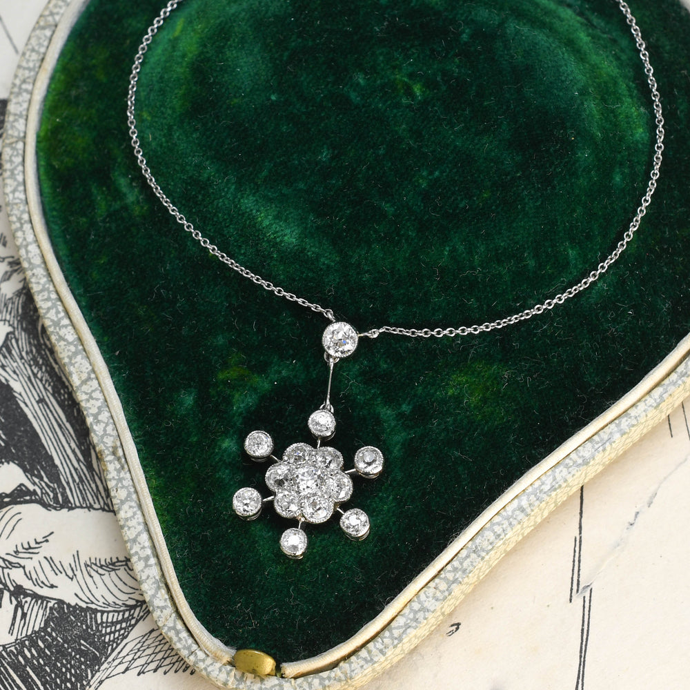 Edwardian Diamond Flower Cluster Drop Necklace