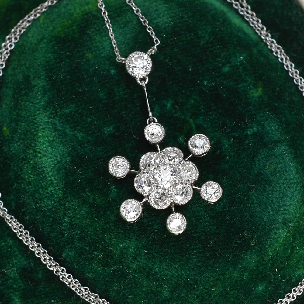 Edwardian Diamond Flower Cluster Drop Necklace