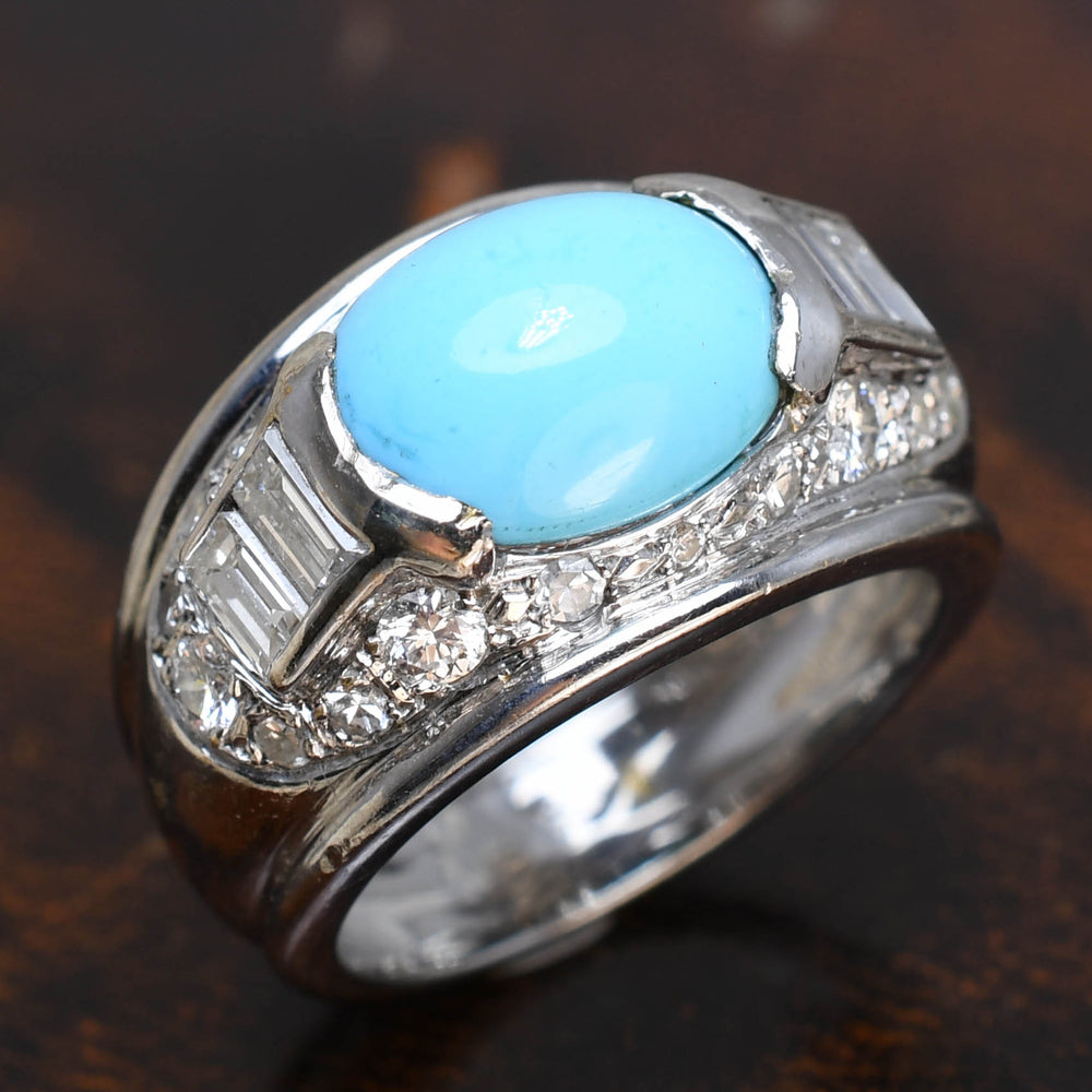 French Art Deco Turquoise & Diamond Bombé Ring