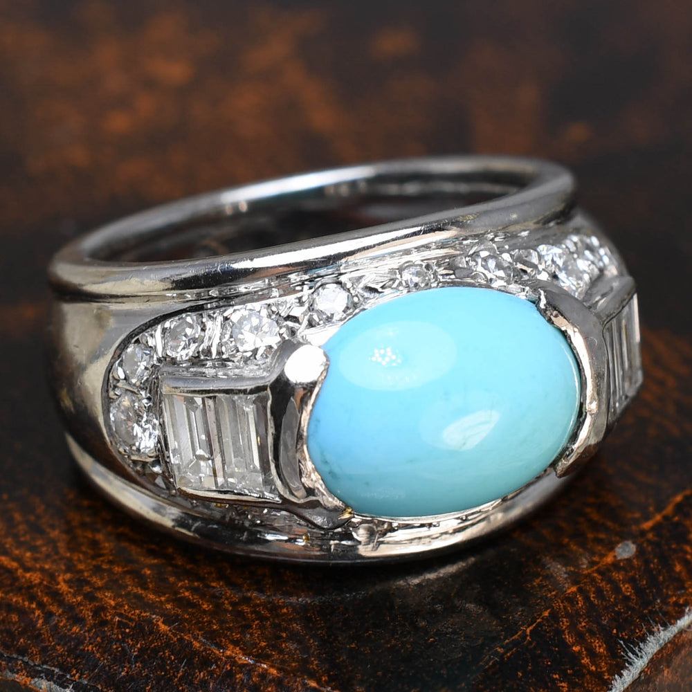 French Art Deco Turquoise & Diamond Bombé Ring