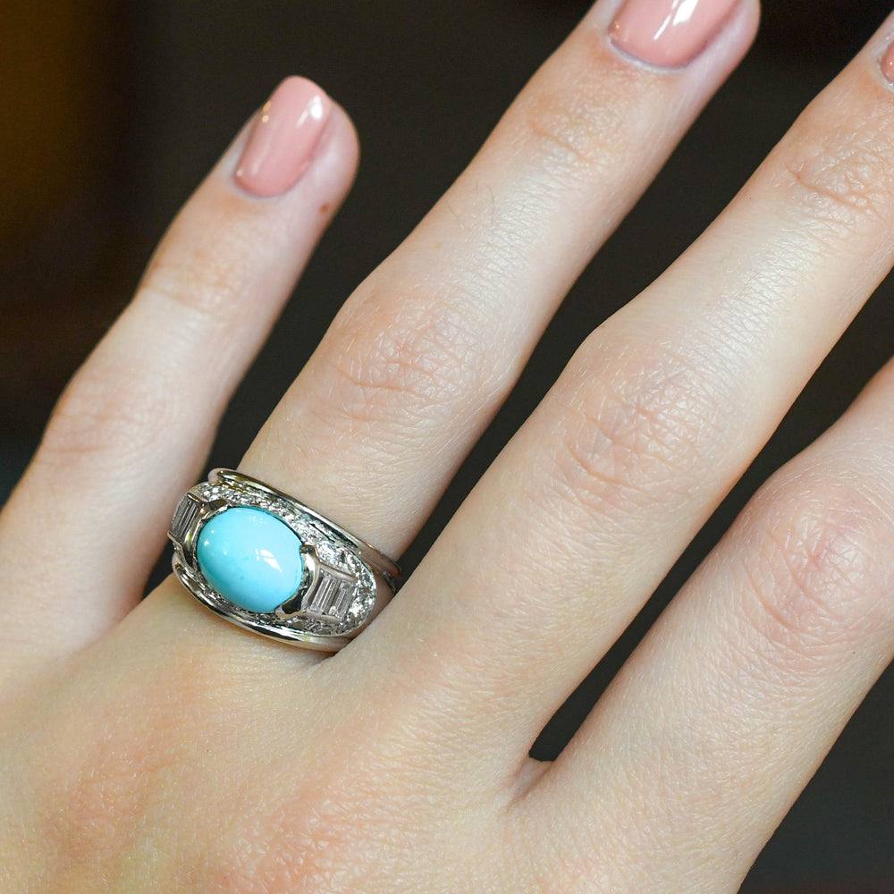 French Art Deco Turquoise & Diamond Bombé Ring