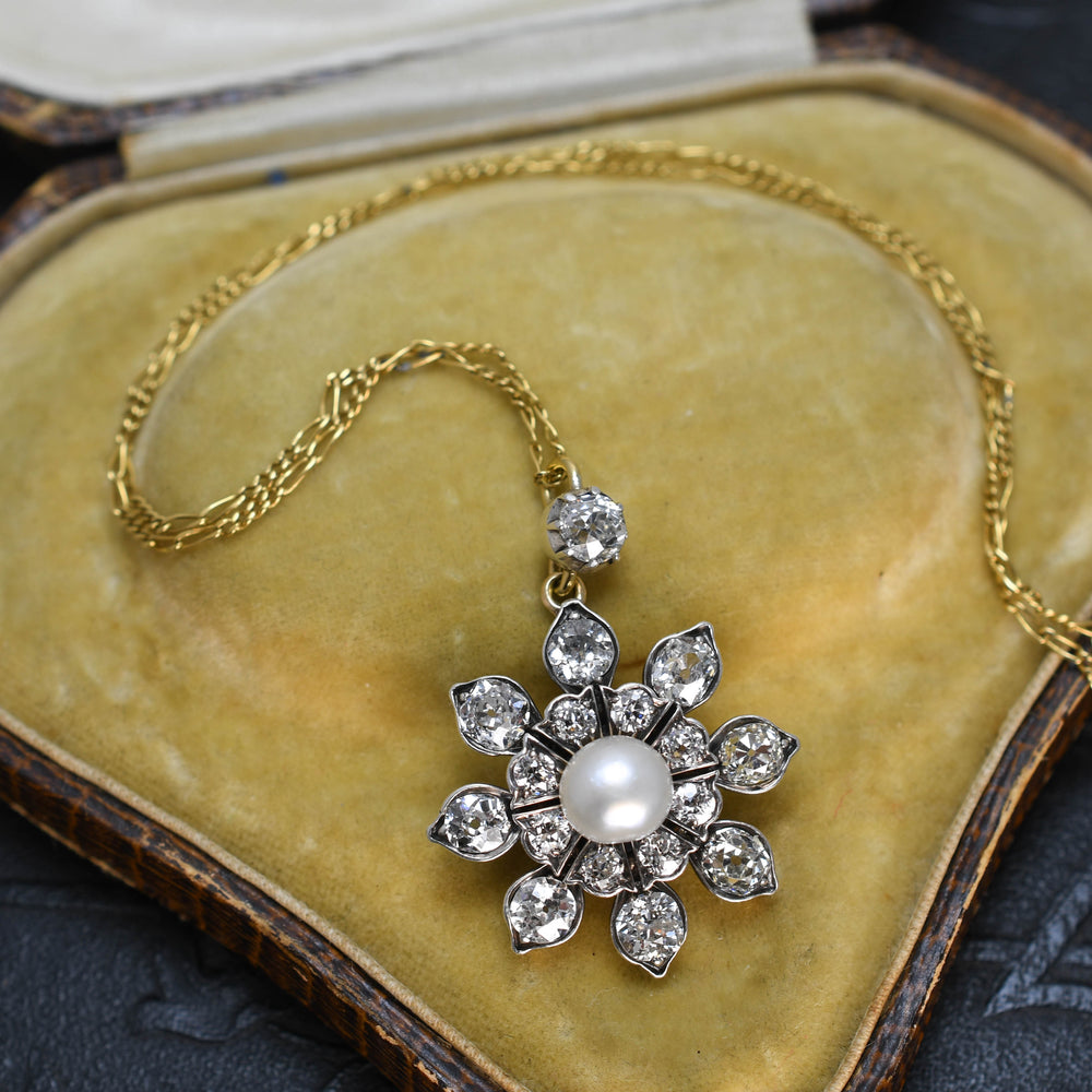 Victorian Diamond & Pearl Flower Pedant And Chain