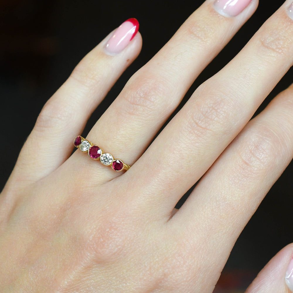 Edwardian Ruby & Diamond Bezel 5-Stone Ring 