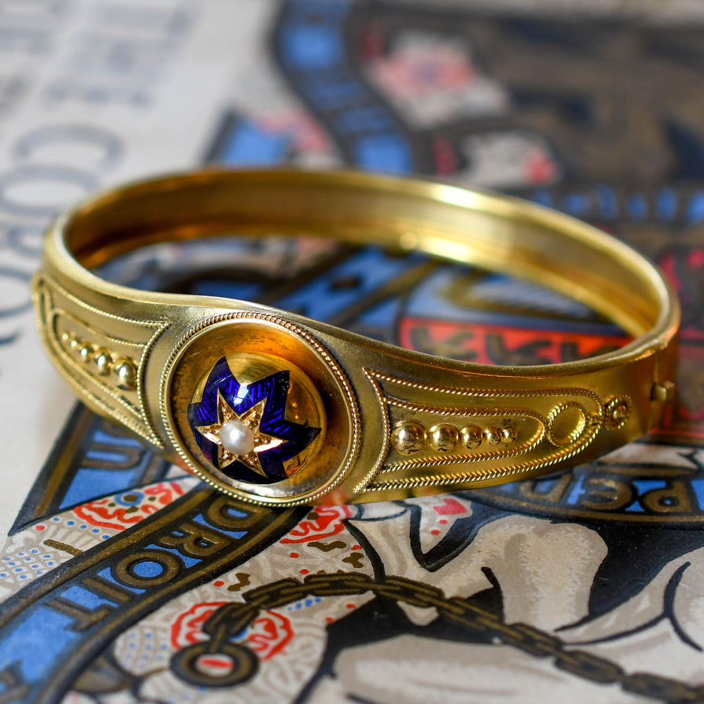 Etruscan Revival Pearl & Enamel Star Bangle