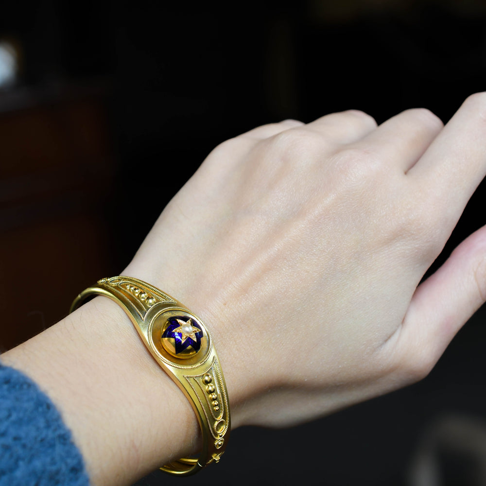 Etruscan Revival Pearl & Enamel Star Bangle