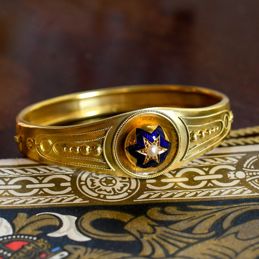 Etruscan Revival Pearl & Enamel Star Bangle