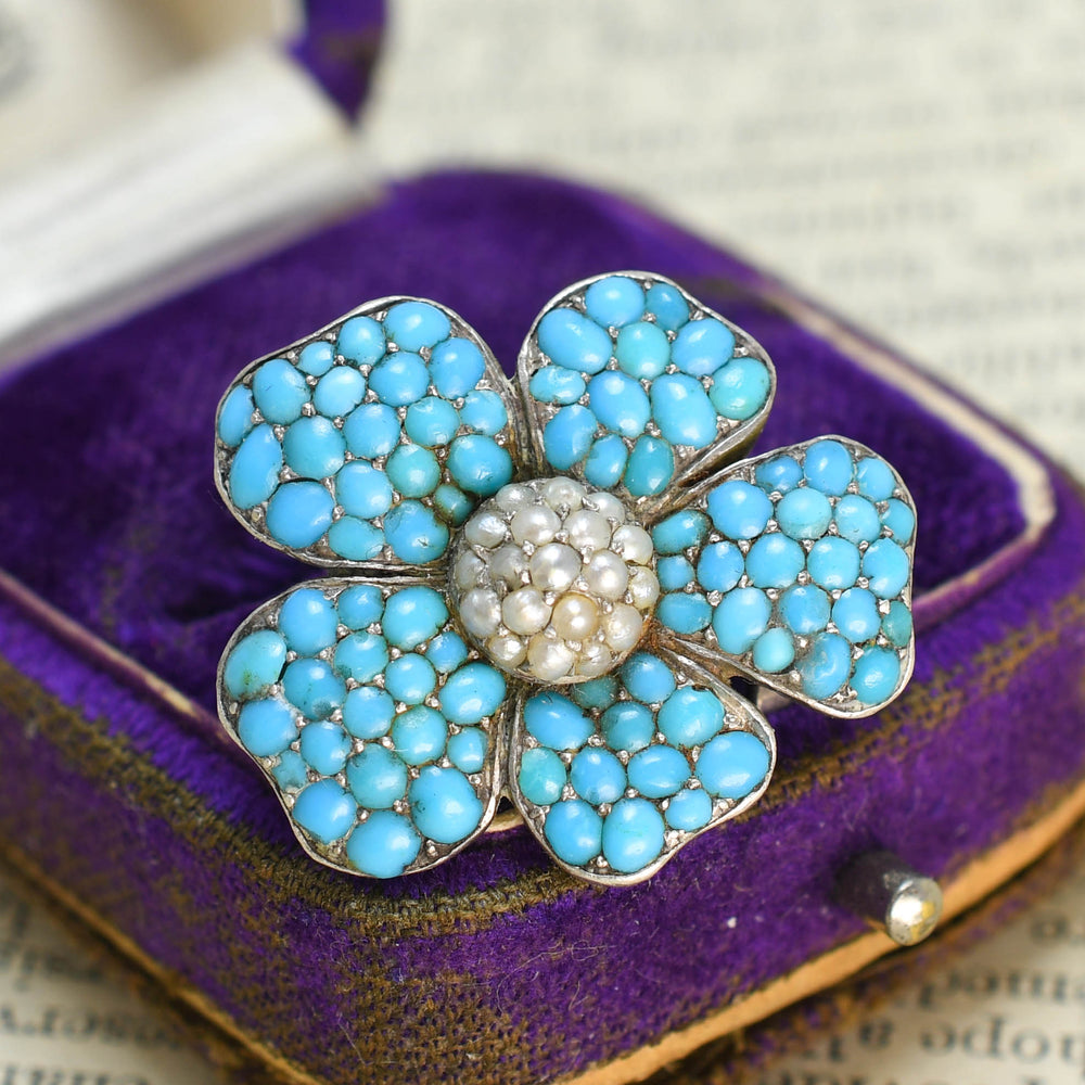 Victorian Turquoise & Pearl Pansy Brooch