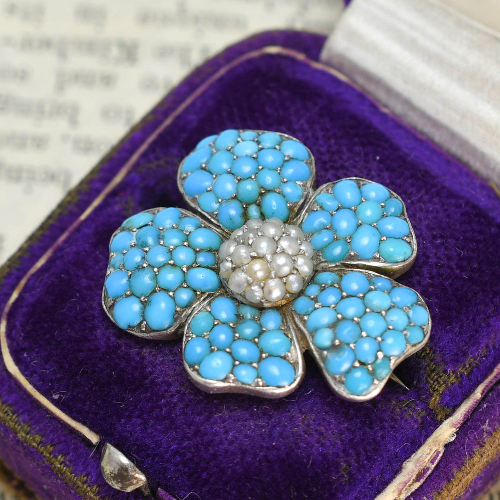 Victorian Turquoise & Pearl Pansy Brooch