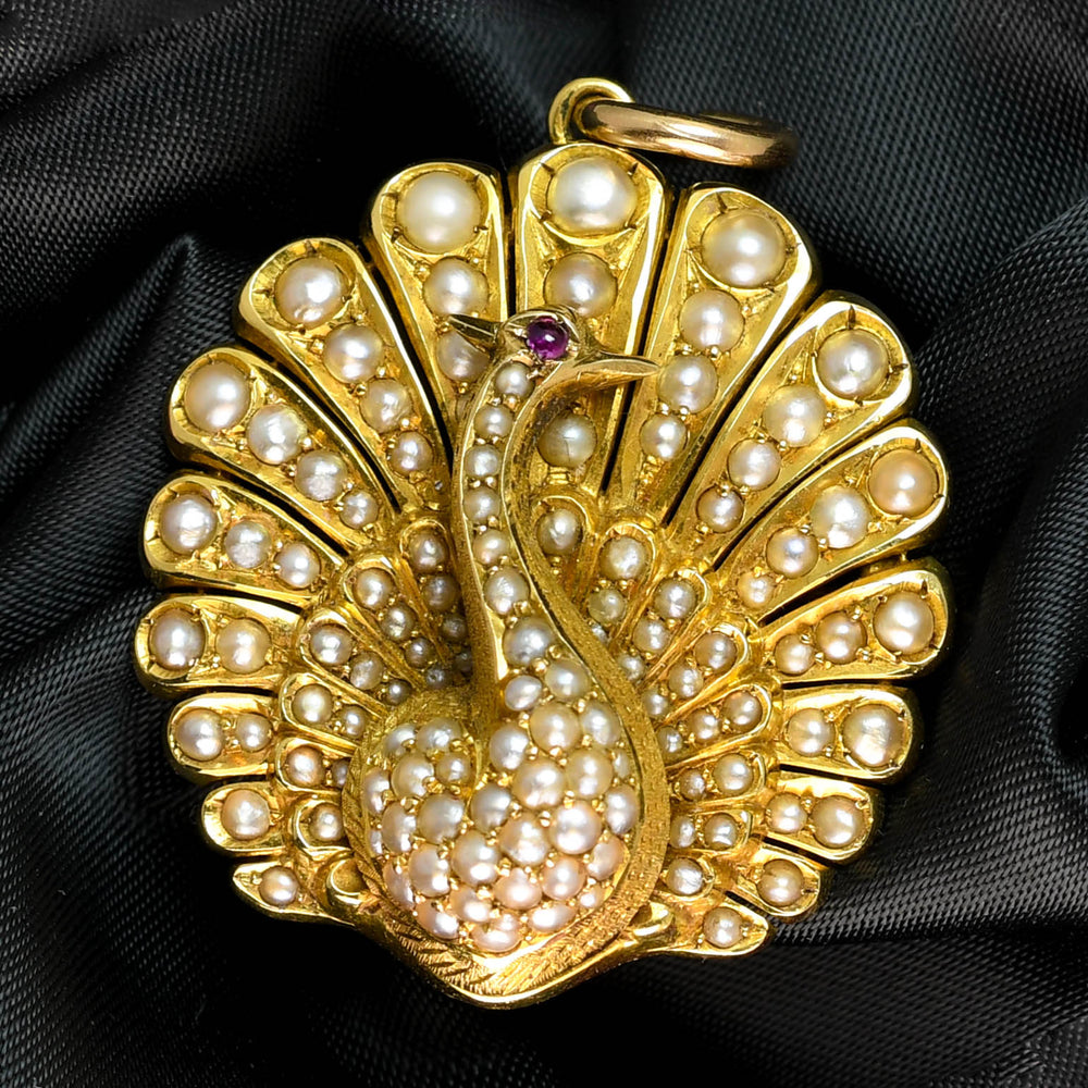 Victorian Pearl & Ruby Peacock Pendant