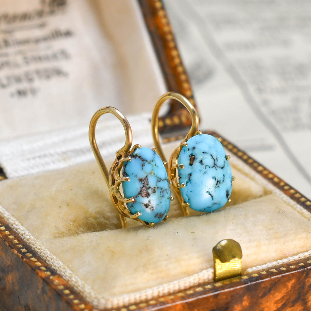 Edwardian 15k Gold Turquoise Matrix Earrings