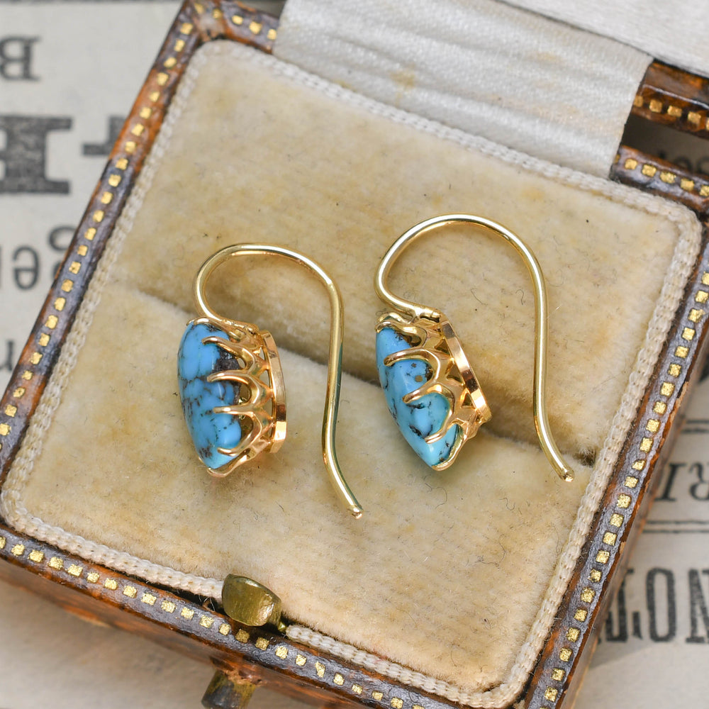 Edwardian 15k Gold Turquoise Matrix Earrings