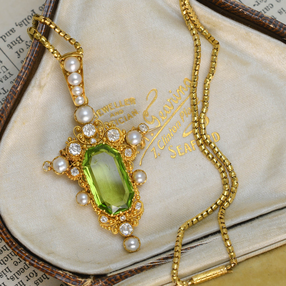 Regency Period Peridot, Diamond & Pearl Pendant & Snake Chain