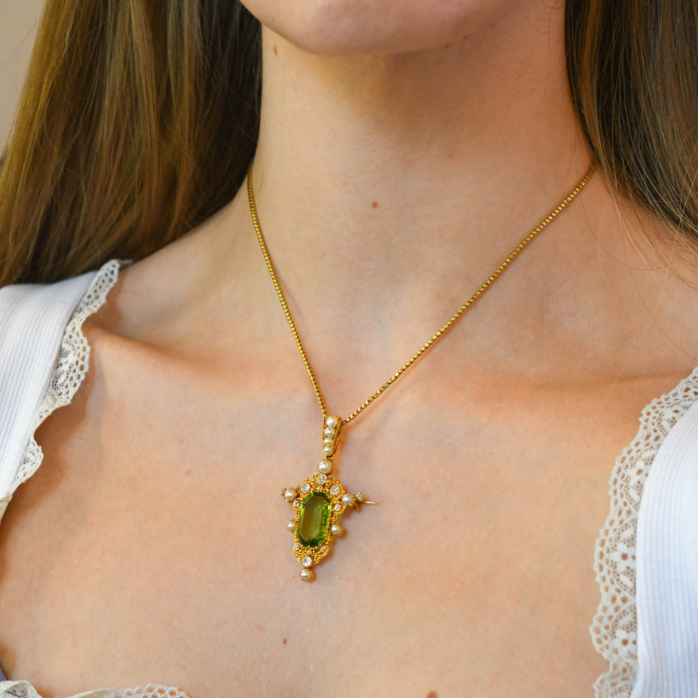 Regency Period Peridot, Diamond & Pearl Pendant & Snake Chain