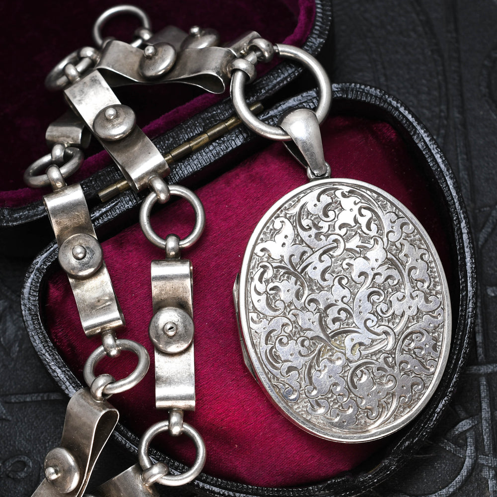 Victorian Silver Chased Locket & Collar