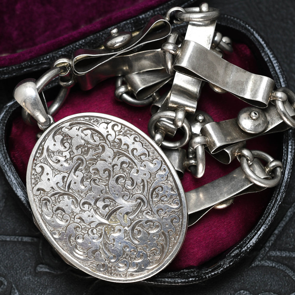 Victorian Silver Chased Locket & Collar