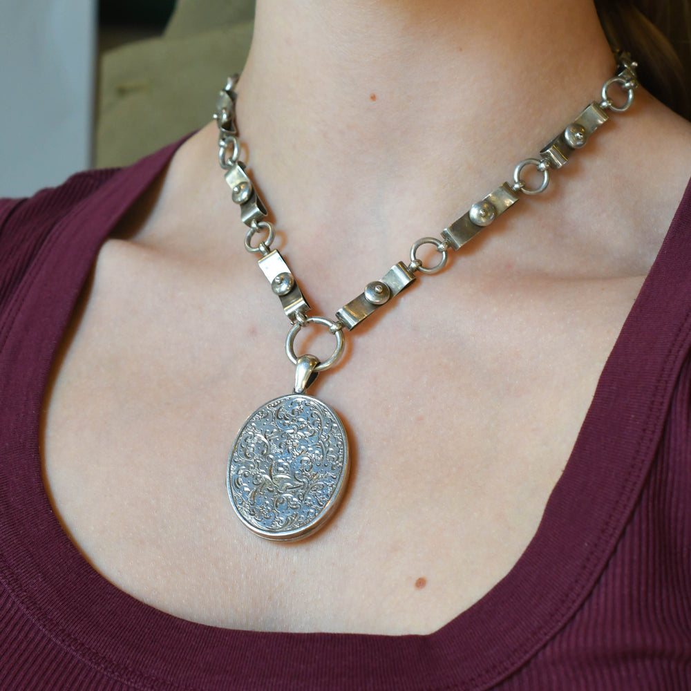 Victorian Silver Chased Locket & Collar