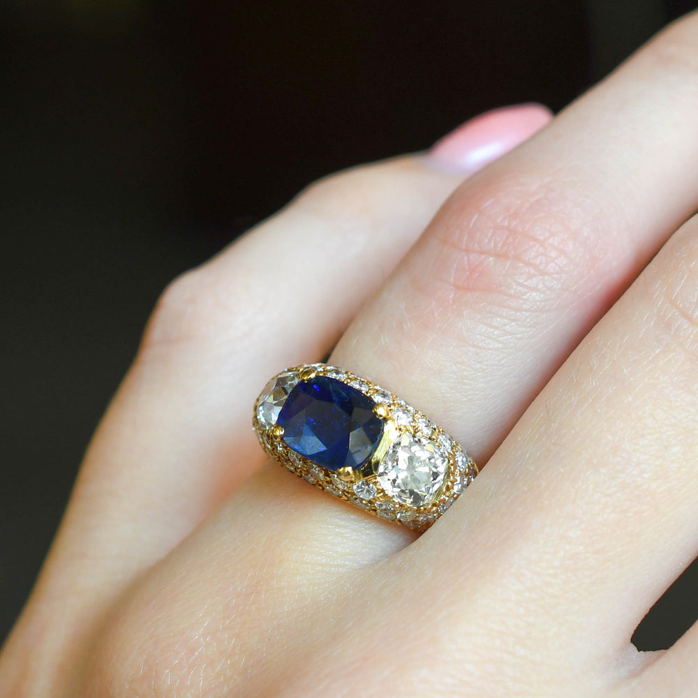 1940's French Burma Sapphire & Diamond Chunky Band Ring