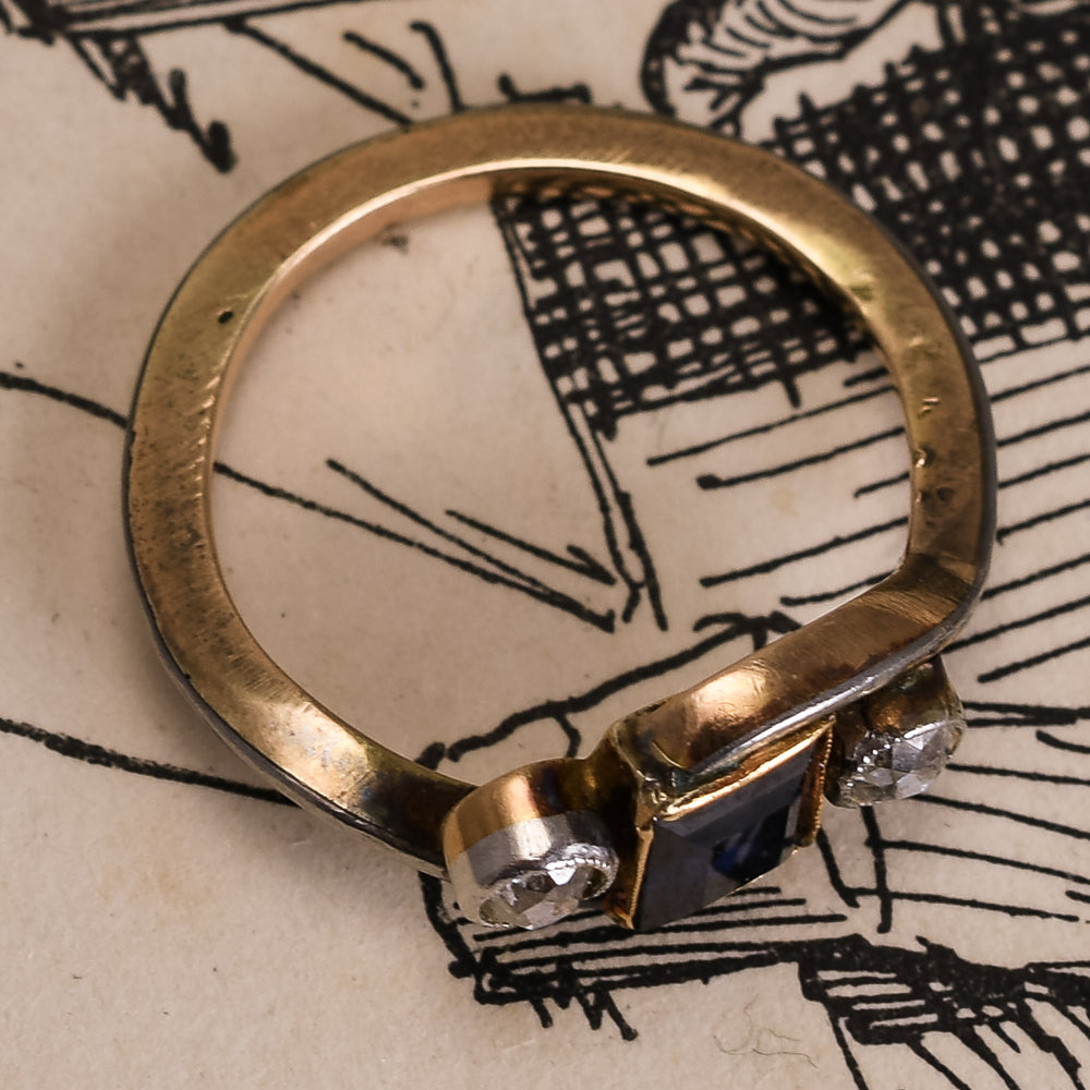 Art Nouveau Three-Stone Sapphire & Diamond Crossover Ring