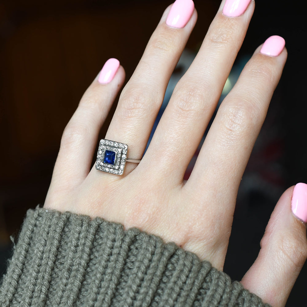 Art Deco Sapphire & Diamond Square Cluster Ring