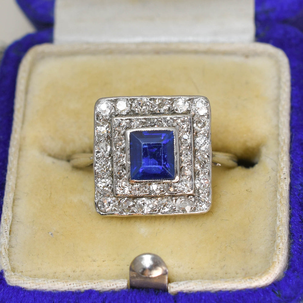 Art Deco Sapphire & Diamond Square Cluster Ring