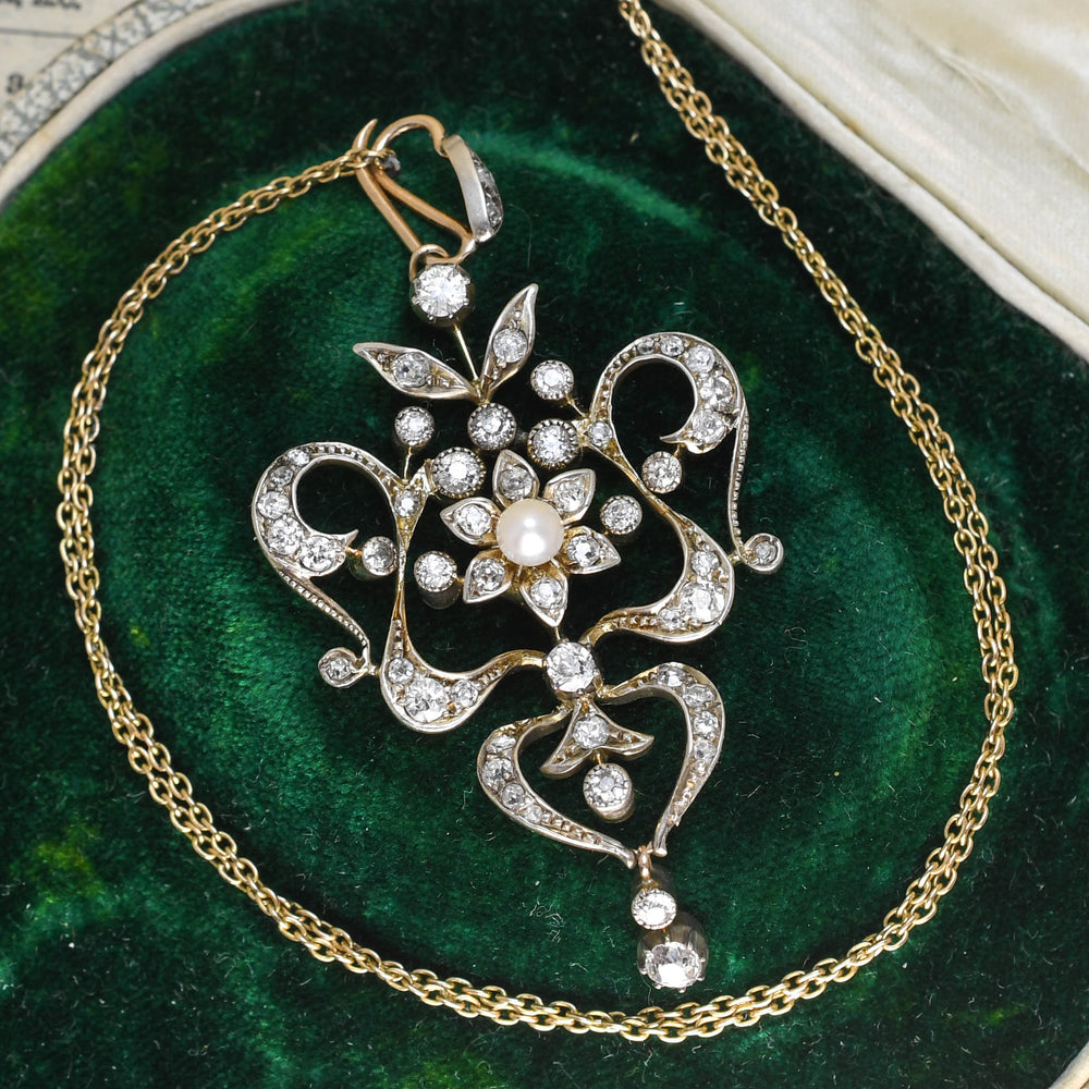 Art Nouveau Diamond & Pearl Lavaliere Pendant