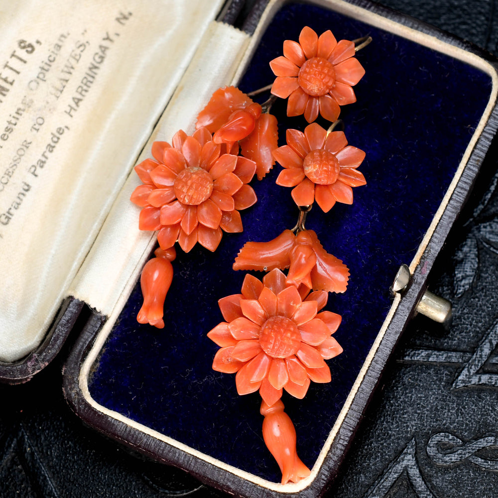 Victorian Carved Coral Floral Drop Earrings