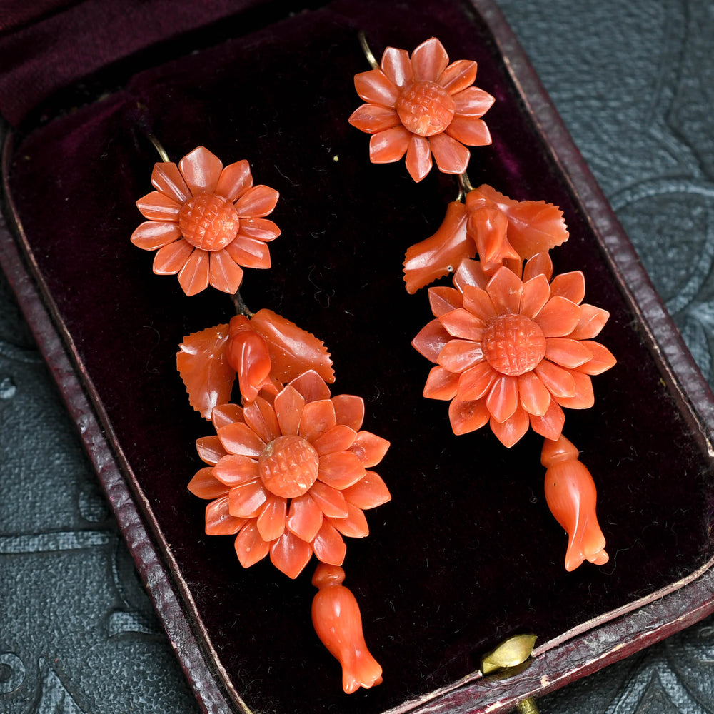 Victorian Carved Coral Floral Drop Earrings