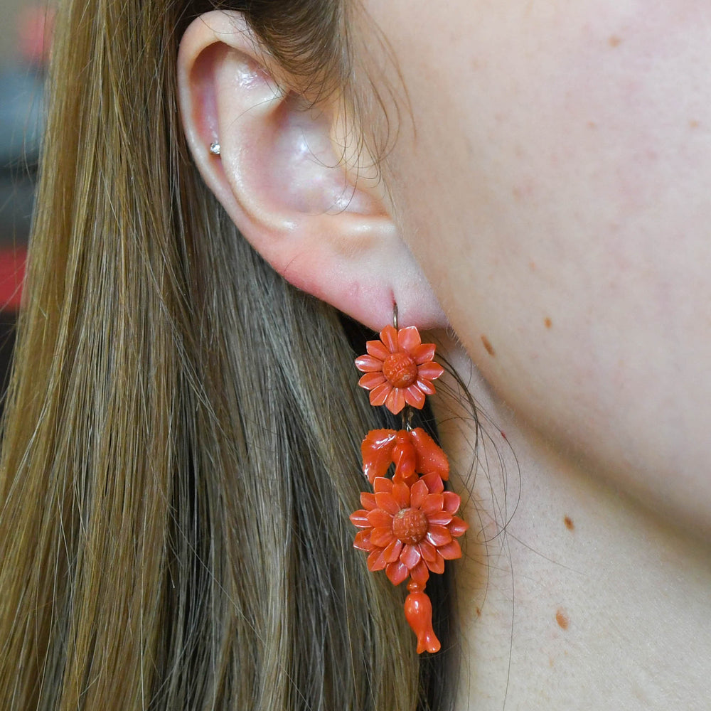 Victorian Carved Coral Floral Drop Earrings