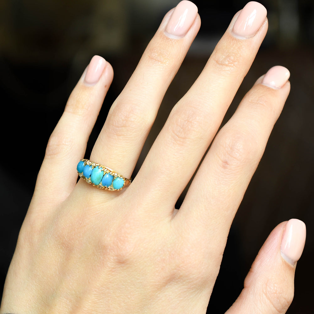 Victorian Turquoise& Diamond 5-Stone Half Hoop Ring