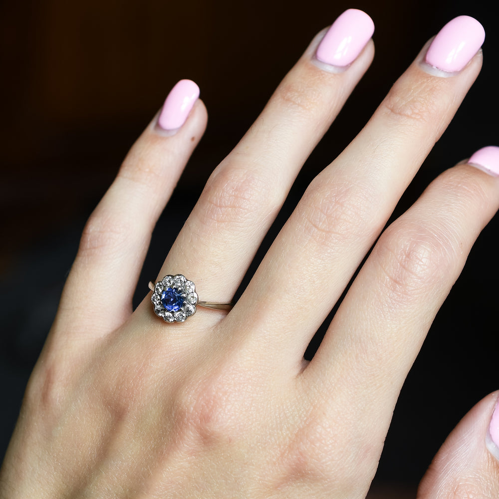 Edwardian Ceylon Sapphire & Diamond Cluster Ring