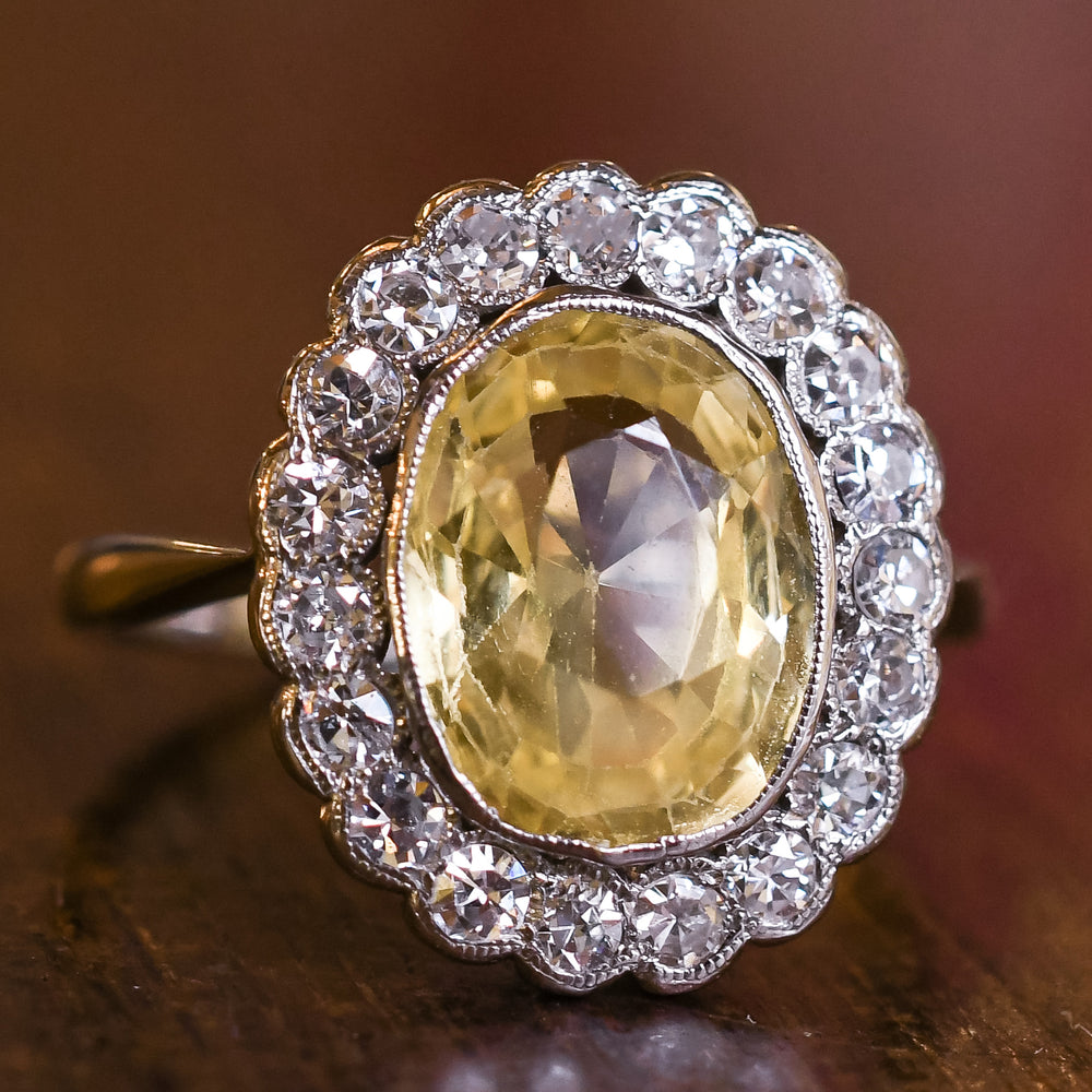 Edwardian 3.75 Carat Yellow Sapphire & Diamond Cluster Ring