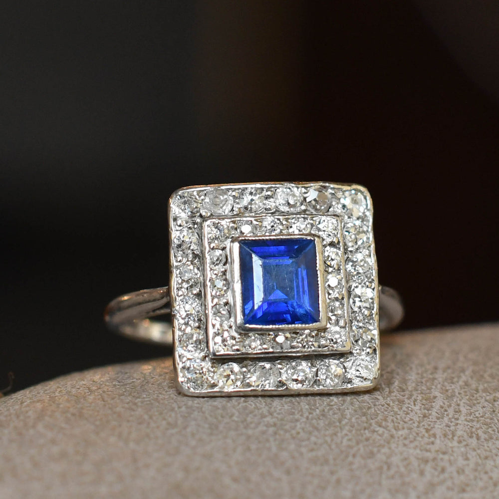 Art Deco Sapphire & Diamond Square Cluster Ring