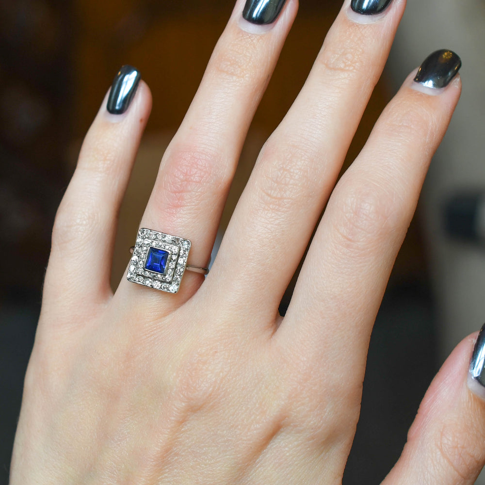 Art Deco Sapphire & Diamond Square Cluster Ring