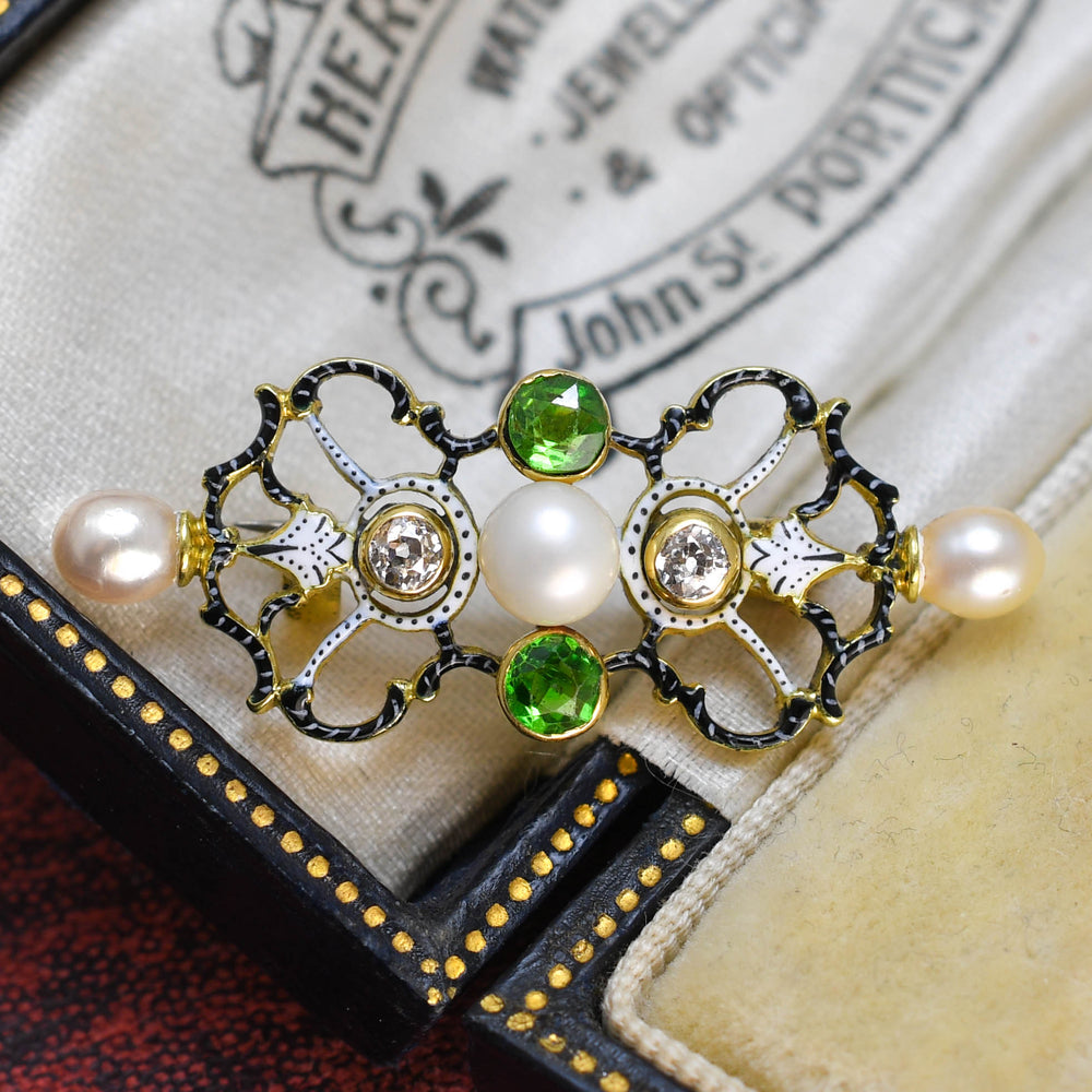 Victorian Demantoid Garnet, Pearl & Diamond Brooch