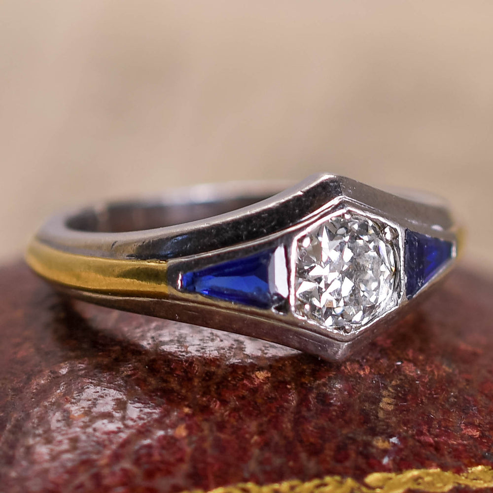 Art Deco French Platinum Sapphire Diamond Pinky Ring