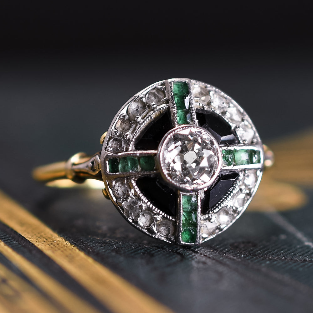 Edwardian Diamond Emerald and Onyx Target Ring