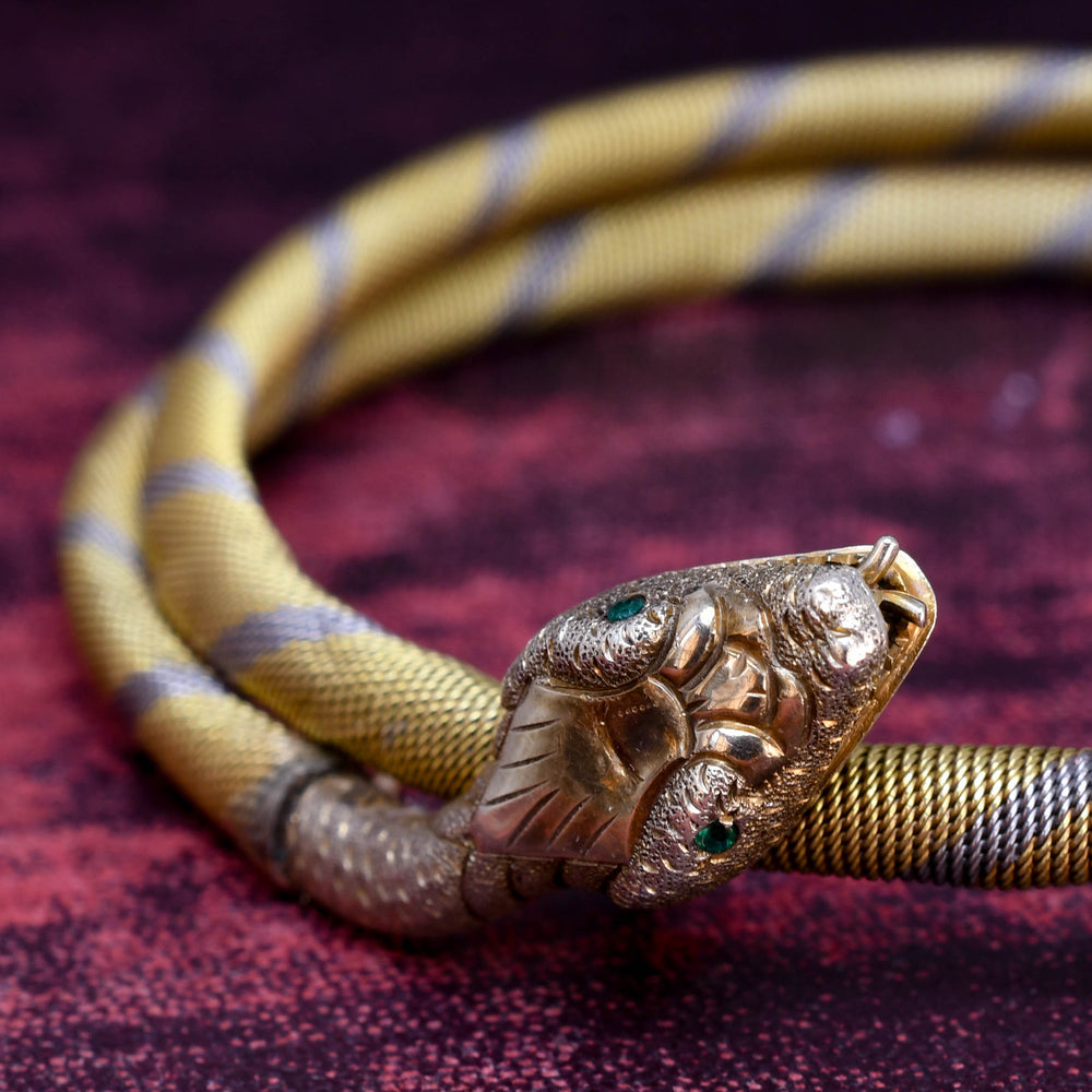 Edwardian 18k Gold & Platinum Emerald Snake Bangle