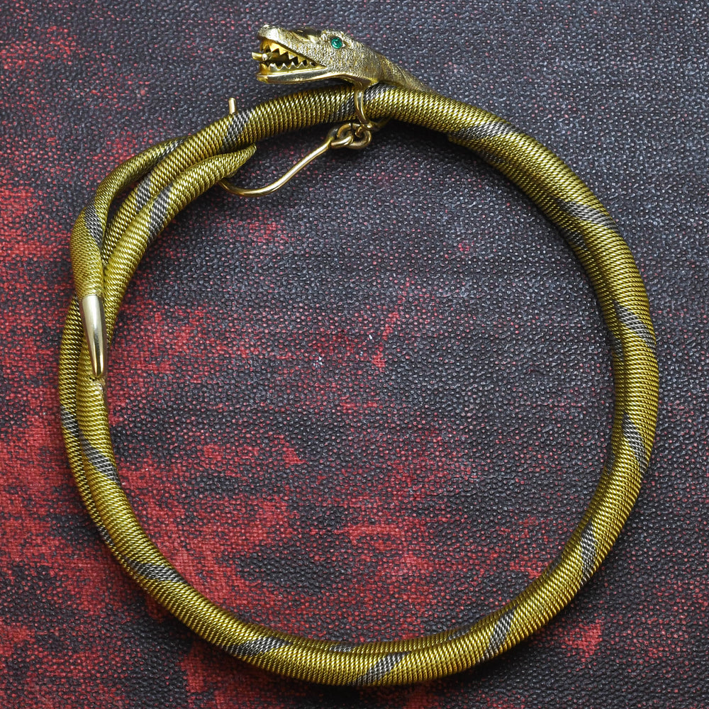 Edwardian 18k Gold & Platinum Emerald Snake Bangle