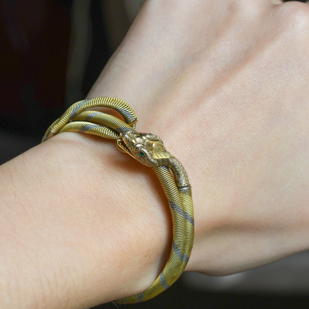 Edwardian 18k Gold & Platinum Emerald Snake Bangle