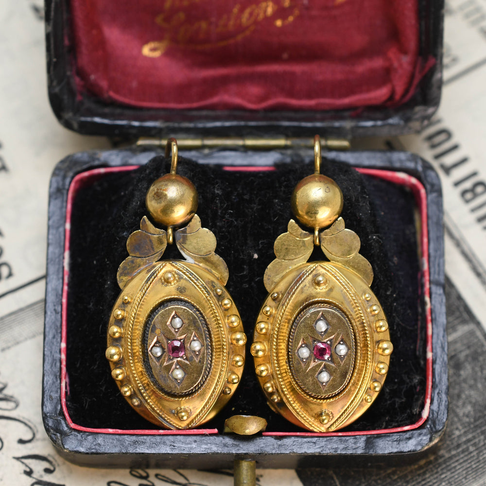 Etruscan Revival Pearl & Ruby Earrings