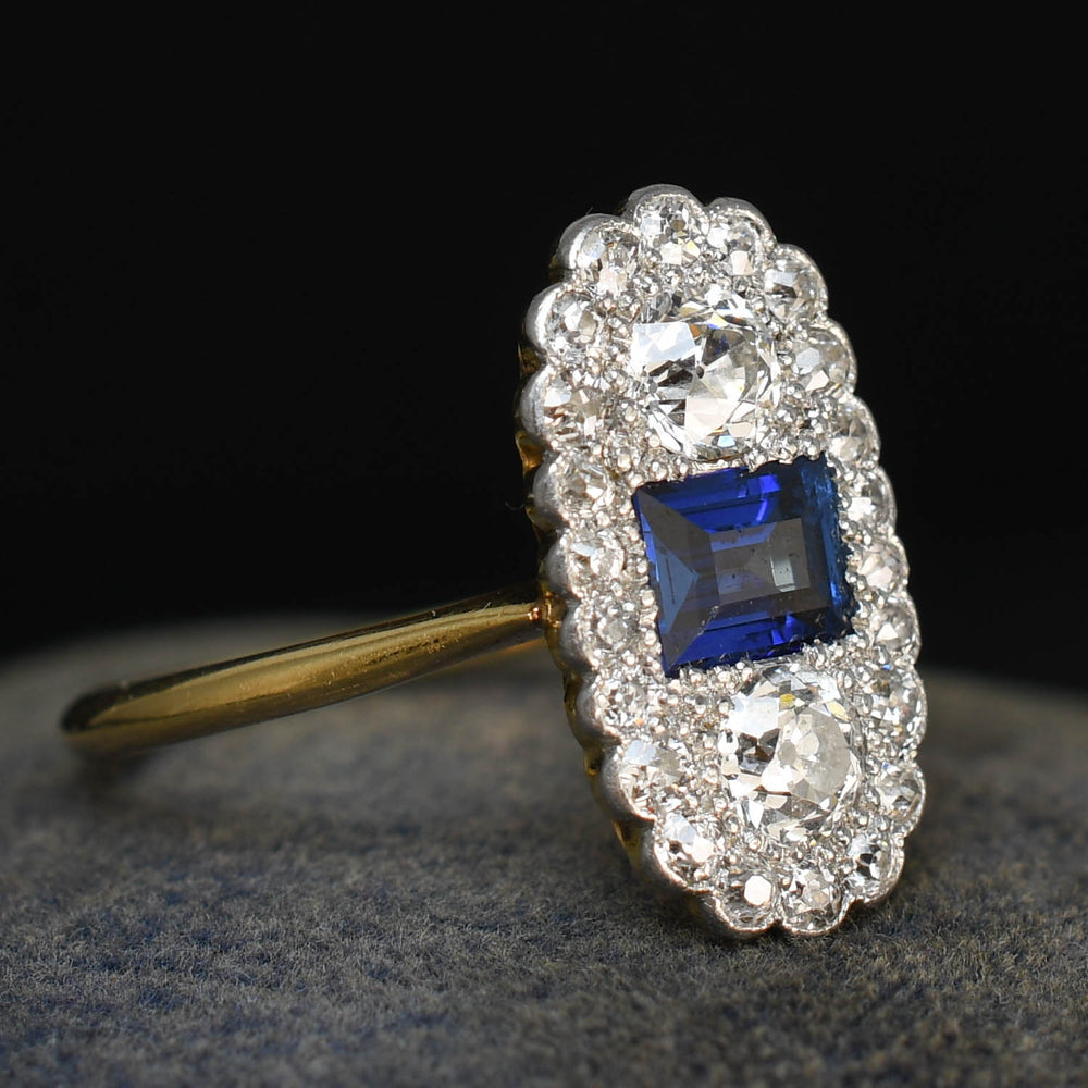 Edwardian Sapphire & Diamond Cluster Panel Ring