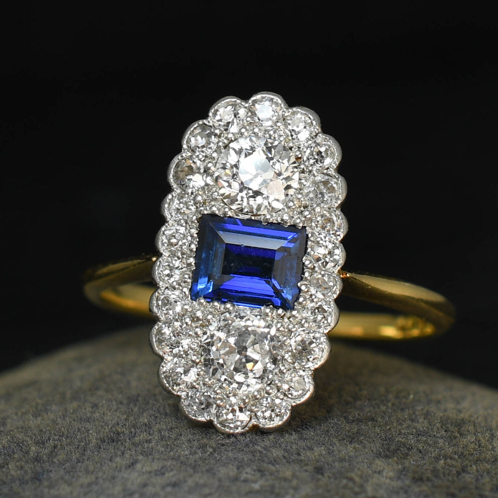 Edwardian Sapphire & Diamond Cluster Panel Ring